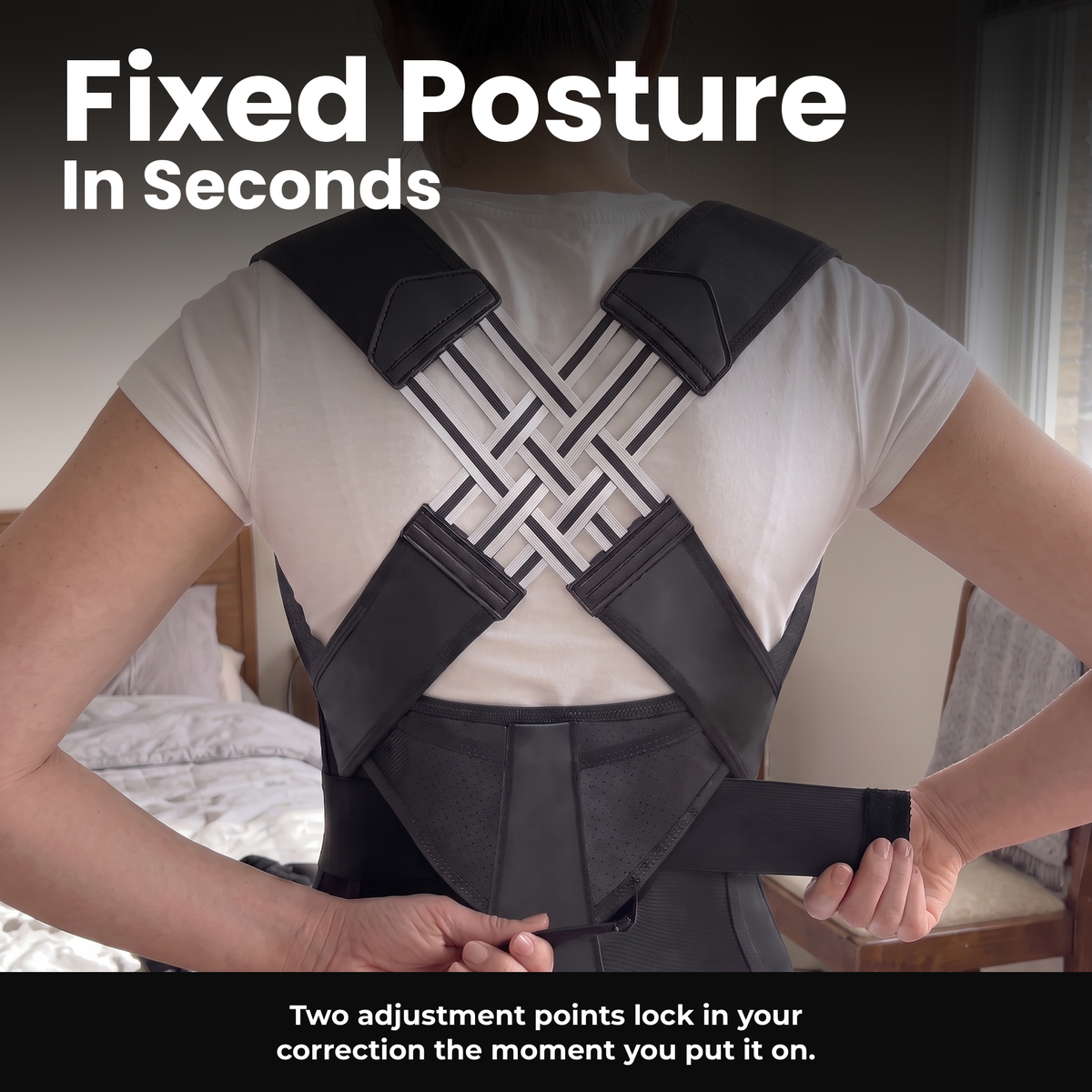 Rear view showing posture correction in seconds with open interwoven back lattice