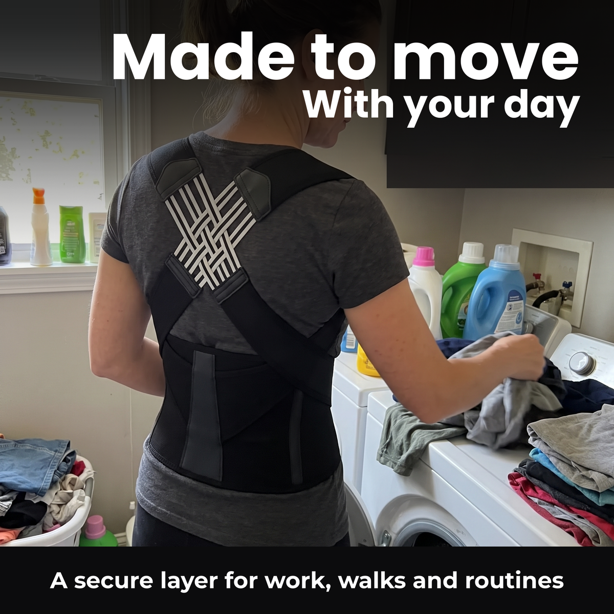 Voria SpineArmor worn realistically over a T-shirt during a home routine