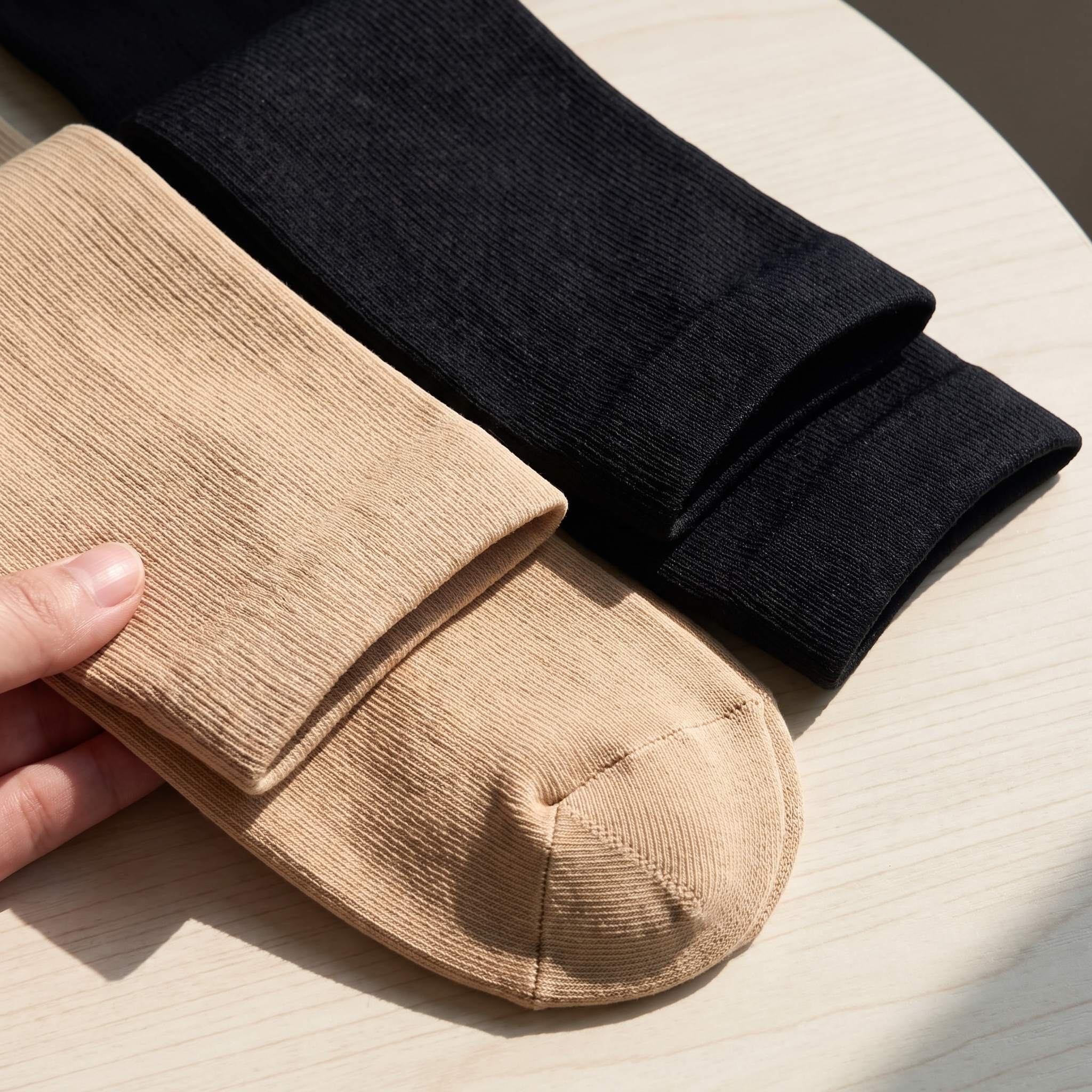 Close view of black and beige Voria SwiftStep rib knit
