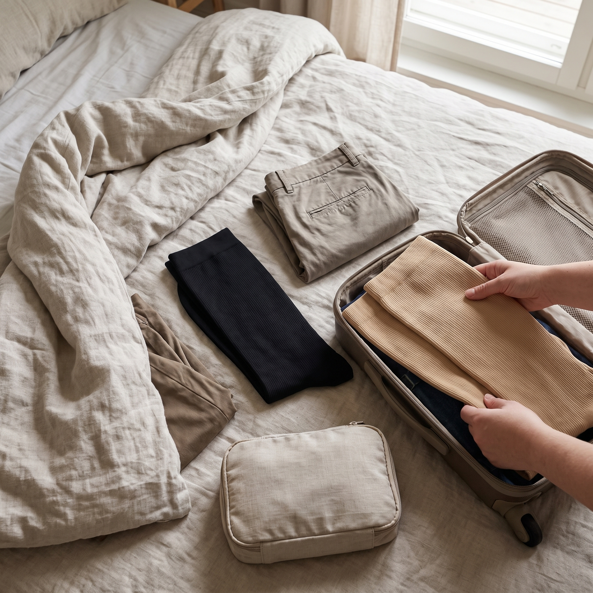 Black and beige Voria SwiftStep compression socks packed for travel