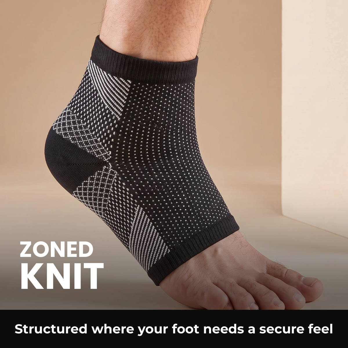 Exact black dotted knit, diagonal stripes, crosshatch mesh and solid black heel
