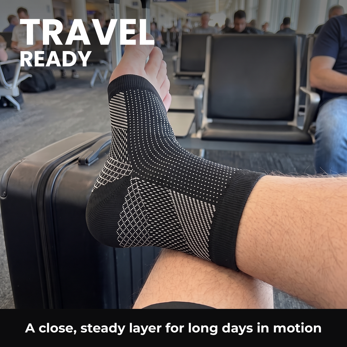 Travel-ready open-toe ankle sleeve with exact dotted, striped and crosshatch pattern