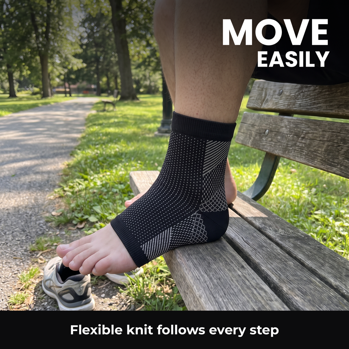 Exact-pattern open-toe ankle sleeve while resting on a summer park bench
